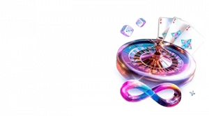 Image showing a colorful roulette wheel with playing cards and dice, representing the Infinite Fortune promotion at Gizbo Casino.