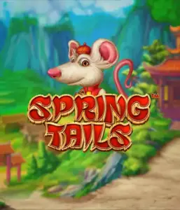 A charming illustration of a white rat wearing a red traditional Chinese outfit standing in a picturesque mountain backdrop. The image represents the Spring Tails game by Betsoft, highlighted with striking gold and red logo lettering.